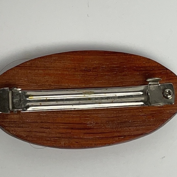 Rare Vintage Wooden Hair Barrette Oval Wooden Disk With Two Sea Horses - Picture 5 of 16